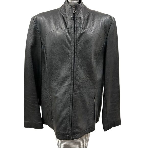 Kenneth Cole Reaction Women’s Black Leather Zip Jacket LARGE Minimalist Classic - Picture 1 of 14